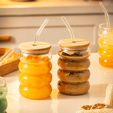 500ml Glass Tumbler with Wooden Lid & Straw