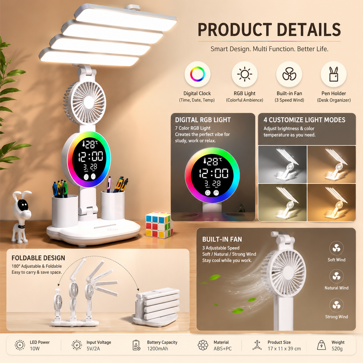4-in-1 LED Desk Lamp with Fan & Digital Clock