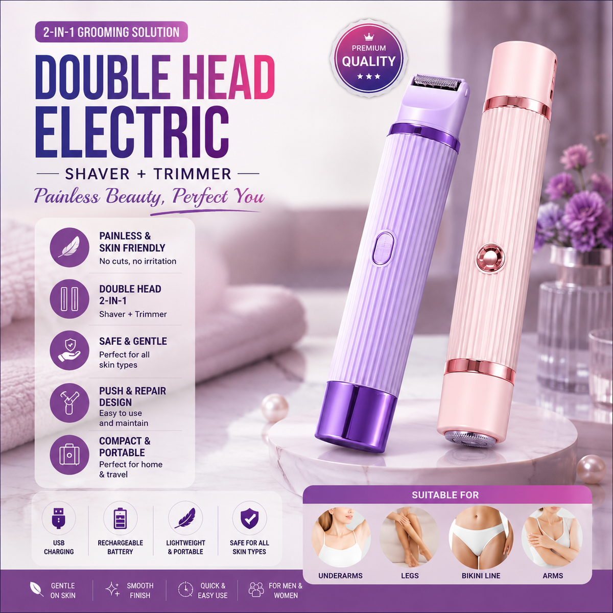 2-in-1 Dual Head Women’s Electric Shaver & Bikini Trimmer