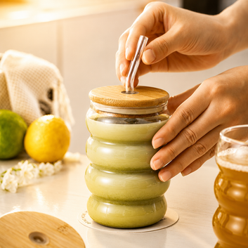 500ml Glass Tumbler with Wooden Lid & Straw