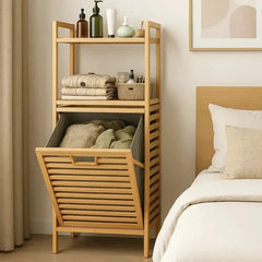 Bamboo Laundry Basket with Storage Shelf