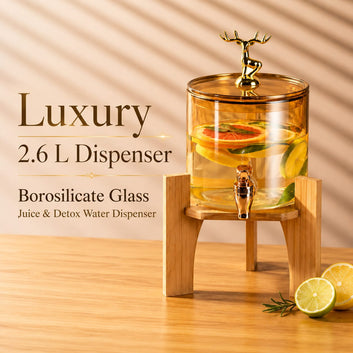 Golden Tap Glass Beverage Dispenser with Wooden Stand