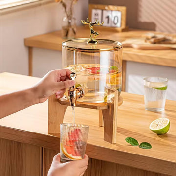 Golden Tap Glass Beverage Dispenser with Wooden Stand