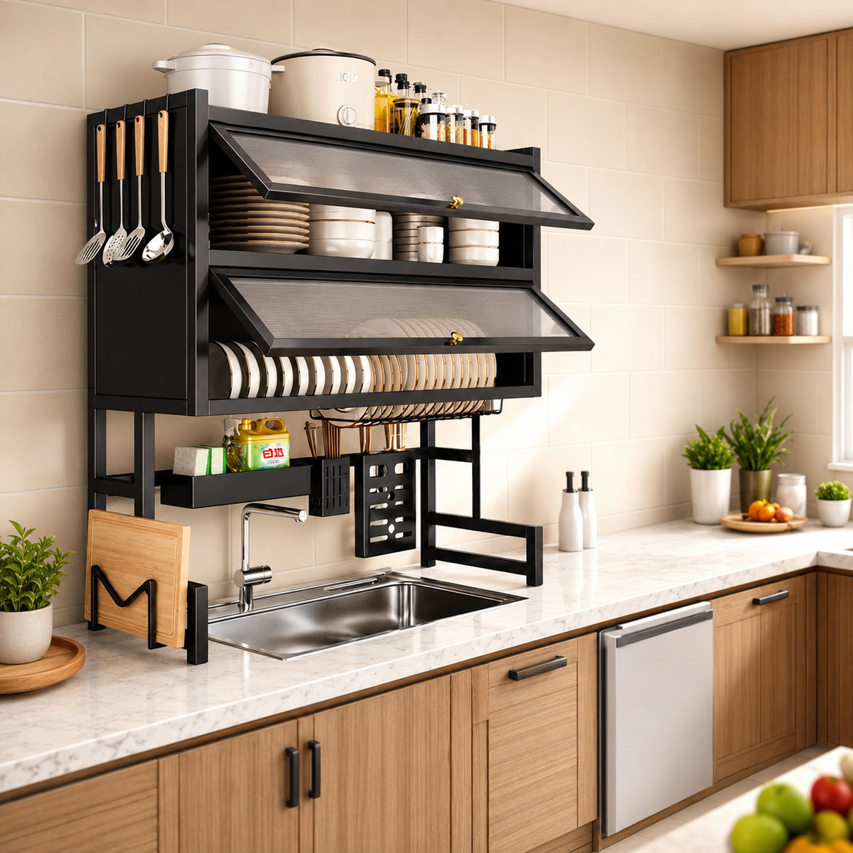 Wall-Mounted Kitchen Dish Rack with Storage Shelf – Over Sink Organizer, Knife Holder & Utensil Rack